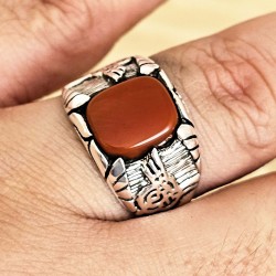 akik taşlı yüzük, 925 ayar gümüş, dörtgen kesim, kırmızı renk, 00018