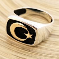 Ay Yıldız 925 Ayar Gümüş Erkek Yüzük : 00923