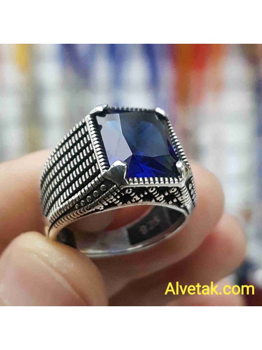 mavi zirkon taşlı 925 ayar gümüş erkek yüzük : 00450
