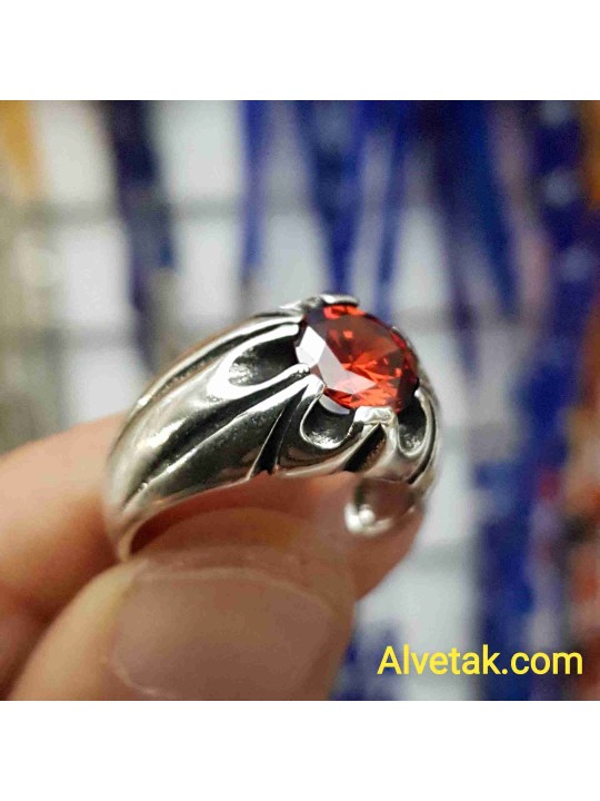 kırmızı zirkon taşlı 925 ayar gümüş erkek yüzük : 00460
