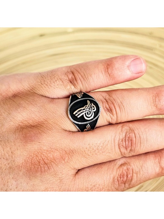 Osmanlı Tuğra Dörtgen 925 Ayar Gümüş Erkek Yüzük