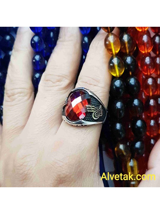 kırmızı zirkon taşlı 925 ayar gümüş erkek yüzük : 00491