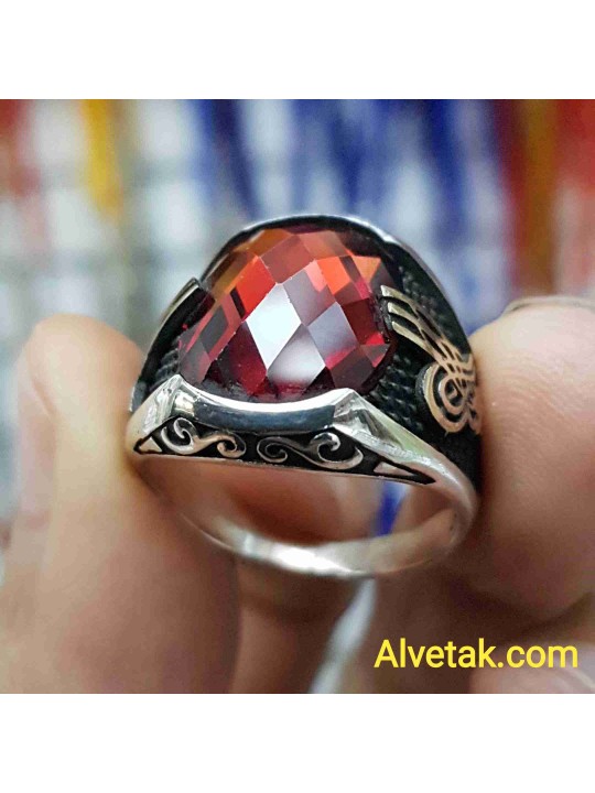 kırmızı zirkon taşlı 925 ayar gümüş erkek yüzük : 00491