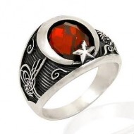 925 Ayar Kırmızı Zirkon Taşlı Ay yıldız Gümüş Erkek Yüzük : 00499