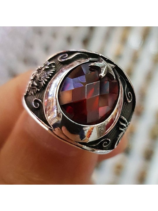 925 Ayar Kırmızı Zirkon Taşlı Ay yıldız Gümüş Erkek Yüzük : 00499