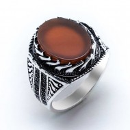 925 Ayar Kırmızı Akik Taşlı Gümüş Erkek Yüzük : 00578