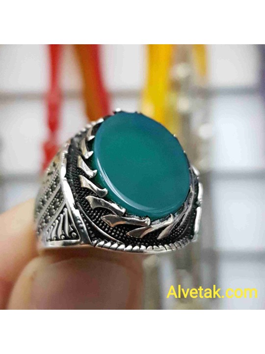 Yeşil Akik Taşlı 925 Ayar Gümüş Erkek Yüzük : 00579