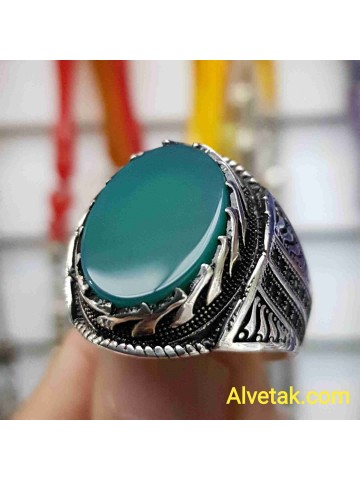 Yeşil Akik Taşlı 925 Ayar Gümüş Erkek Yüzük : 00579