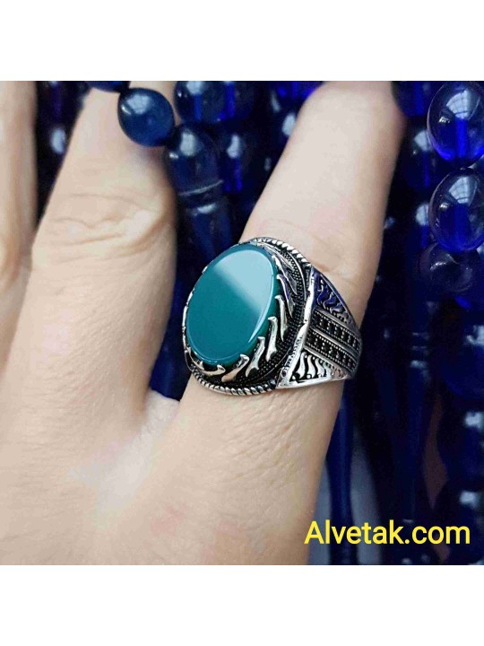 Yeşil Akik Taşlı 925 Ayar Gümüş Erkek Yüzük : 00579