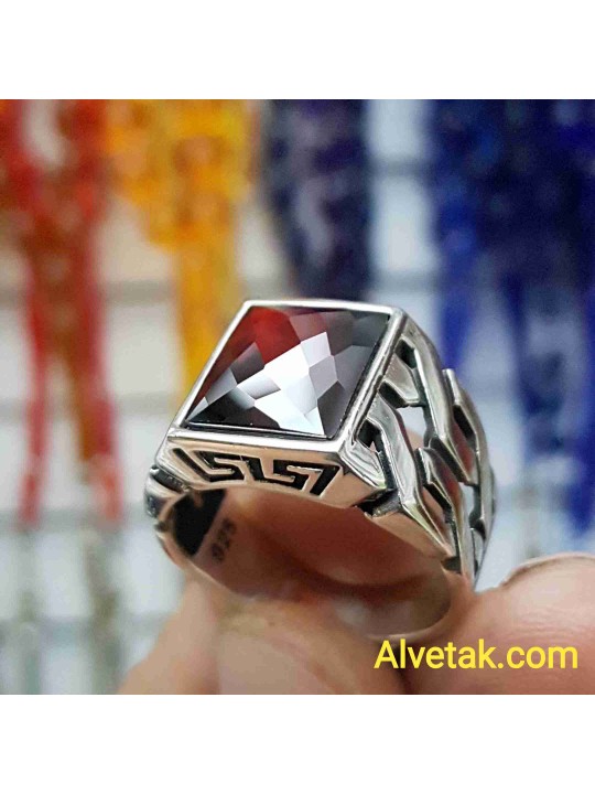 kırmızı zirkon taşlı 925 ayar gümüş erkek yüzük : 00592