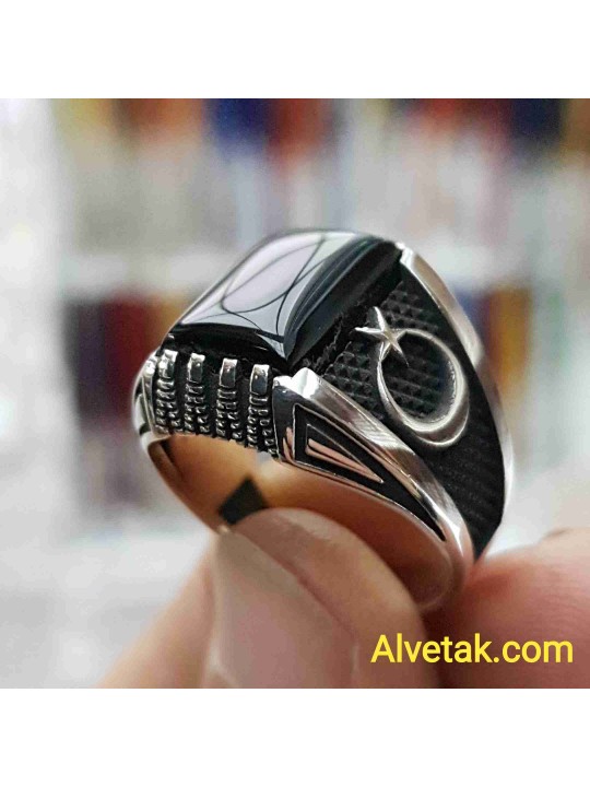 925 Ayar Siyah Oniks Taşlı Gümüş Erkek Yüzük : 00672