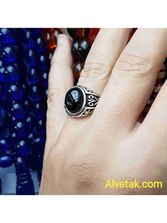 Siyah Oniks Taşlı 925 Ayar Gümüş Erkek Yüzük : 00851