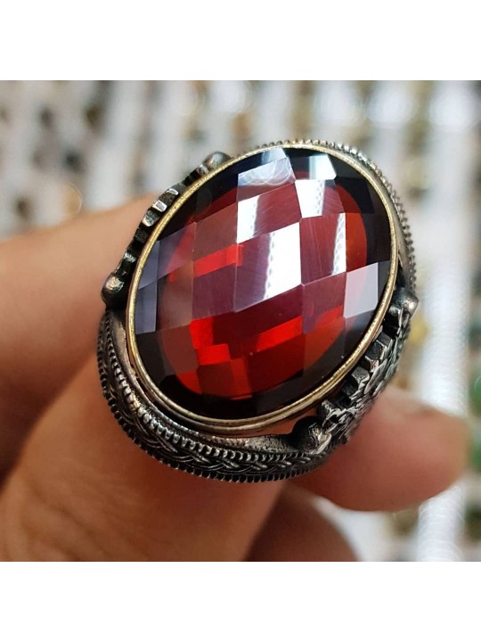 kırmızı zirkon taşlı 925 ayar gümüş erkek yüzük : 00895