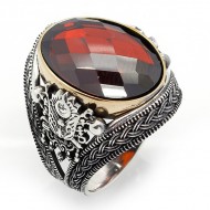 kırmızı zirkon taşlı 925 ayar gümüş erkek yüzük : 00895