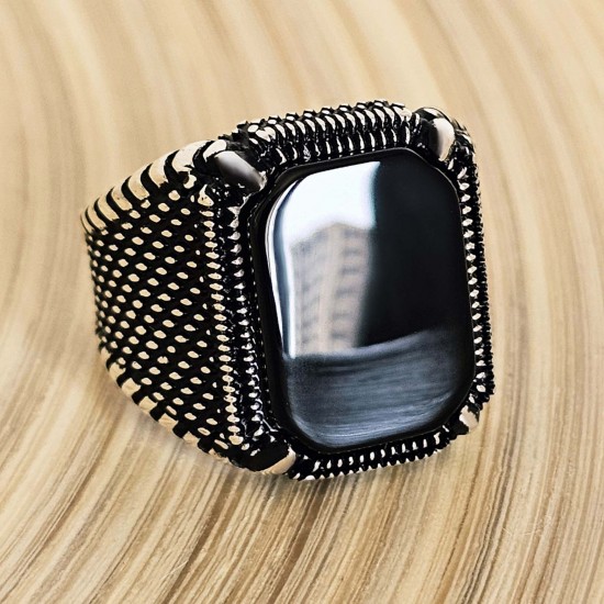 Siyah Oniks Taşlı 925 Ayar Gümüş Erkek Yüzük : 00907 Siyah Oniks Taşlı 925 Ayar Gümüş Erkek Yüzük : 00907