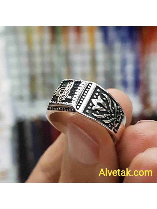 925 Ayar Tuğralı Dörtgen Gümüş Erkek Yüzük : 00939