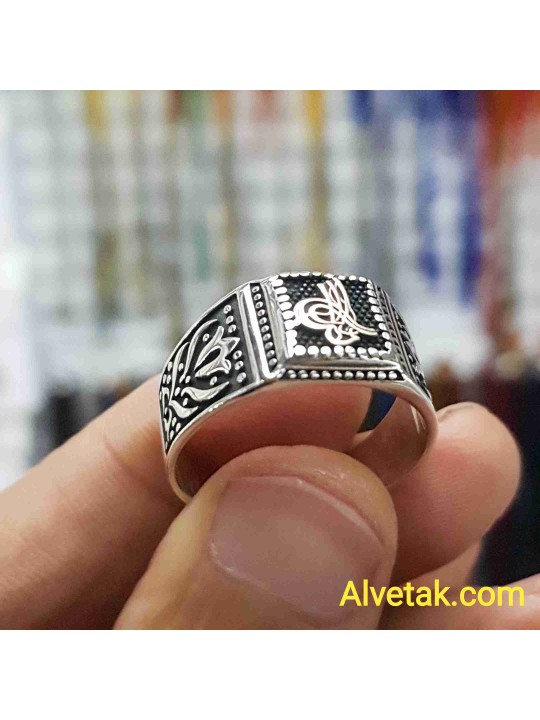 925 Ayar Tuğralı Dörtgen Gümüş Erkek Yüzük : 00939