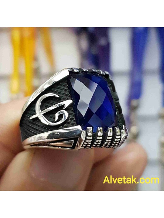 mavi zirkon taşlı 925 ayar gümüş erkek yüzük : 00983