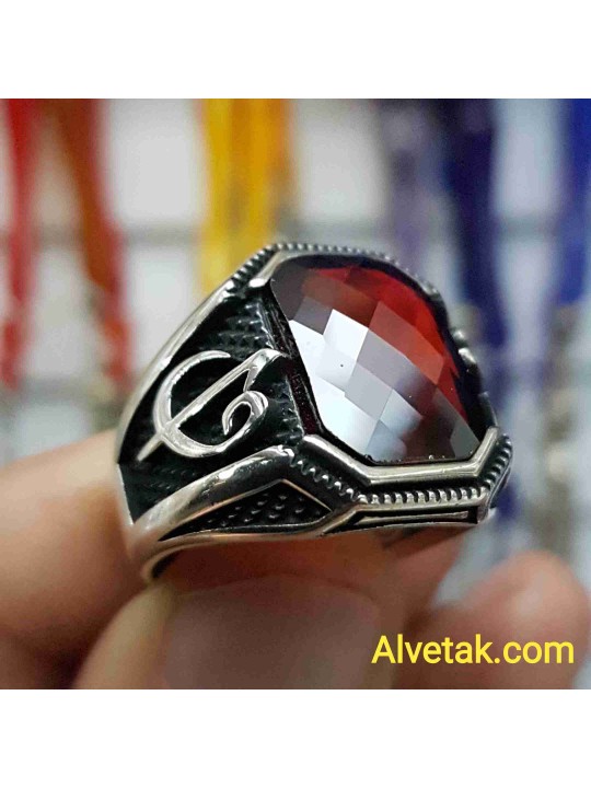 kırmızı zirkon taşlı 925 ayar gümüş erkek yüzük : 00996