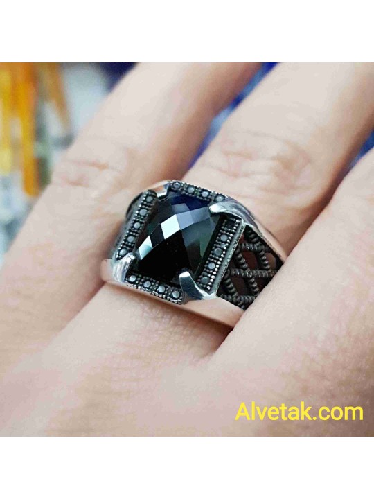 siyah zirkon taşlı 925 ayar gümüş erkek yüzük : 01088