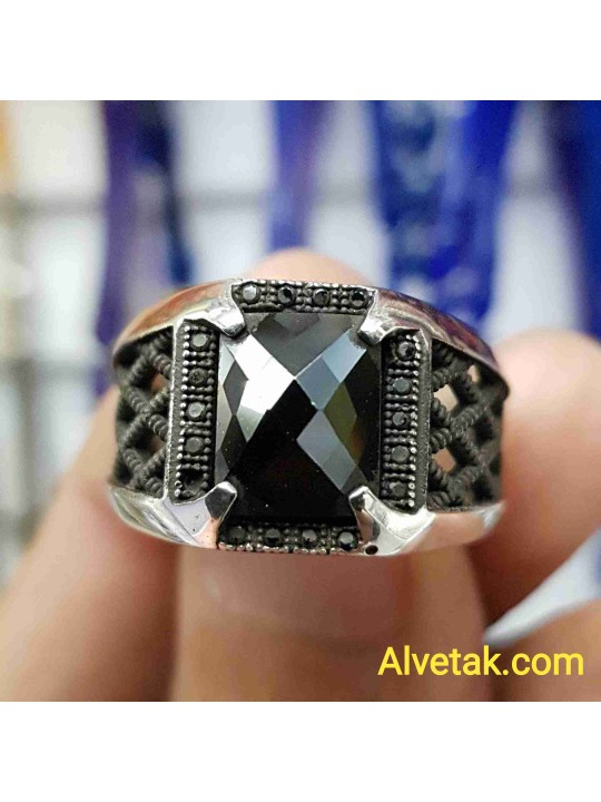 siyah zirkon taşlı 925 ayar gümüş erkek yüzük : 01088
