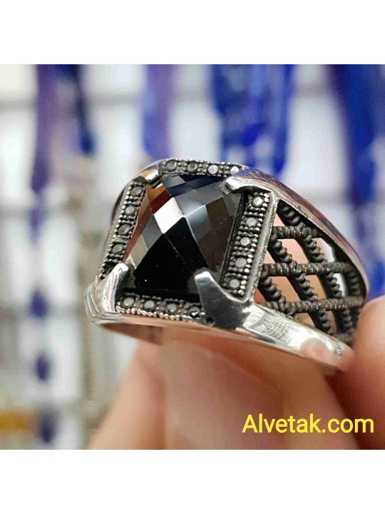siyah zirkon taşlı 925 ayar gümüş erkek yüzük : 01088