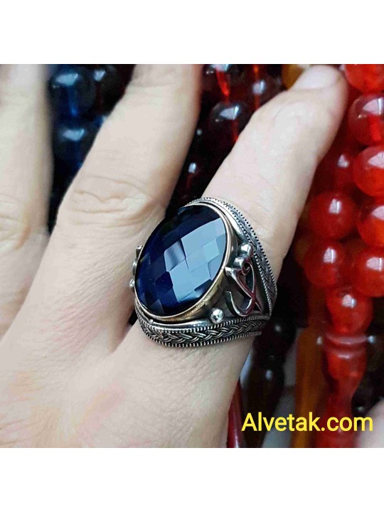 mavi zirkon taşlı 925 ayar gümüş erkek yüzük : 01117