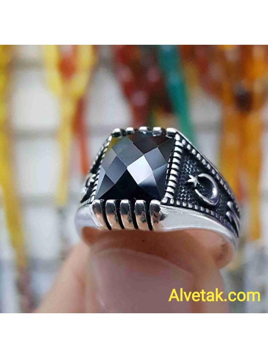 siyah zirkon taşlı 925 ayar gümüş erkek yüzük : 01190