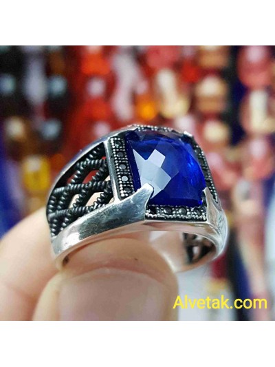 mavi zirkon taşlı 925 ayar gümüş erkek yüzük : 01242
