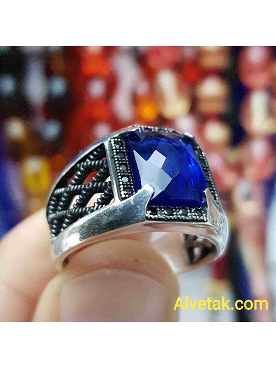 mavi zirkon taşlı 925 ayar gümüş erkek yüzük : 01242