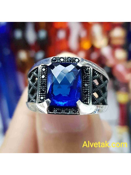 mavi zirkon taşlı 925 ayar gümüş erkek yüzük : 01242