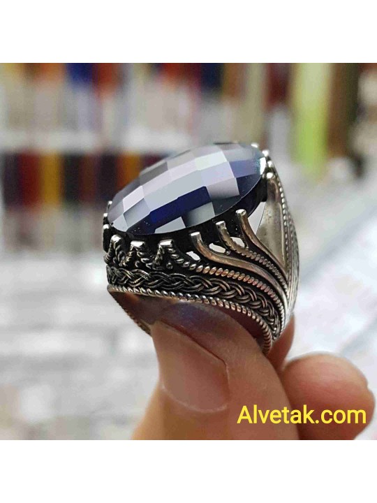 mavi zirkon taşlı 925 ayar gümüş erkek yüzük : 01245
