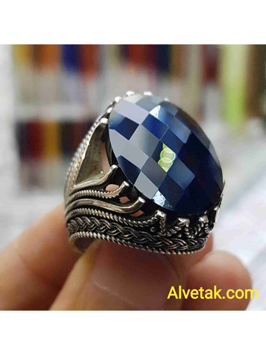 mavi zirkon taşlı 925 ayar gümüş erkek yüzük : 01245