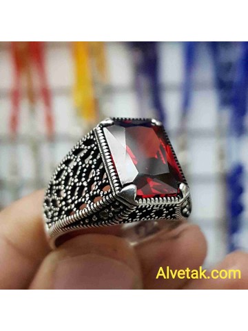 kırmızı zirkon taşlı 925 ayar gümüş erkek yüzük : 01348
