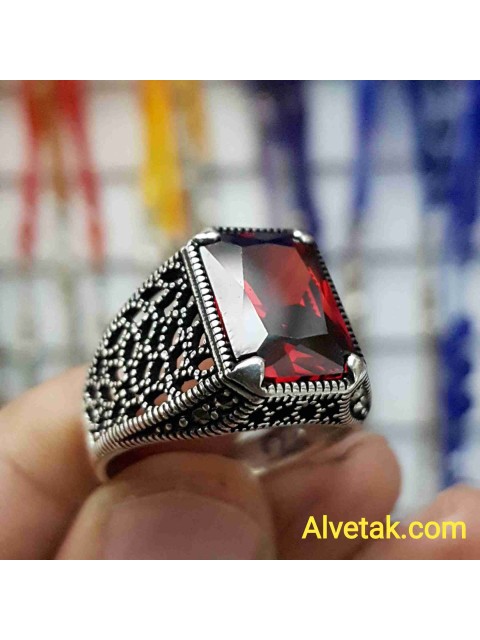 kırmızı zirkon taşlı 925 ayar gümüş erkek yüzük : 01348