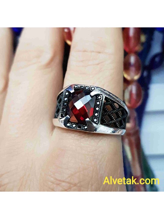 kırmızı zirkon taşlı 925 ayar gümüş erkek yüzük : 01374