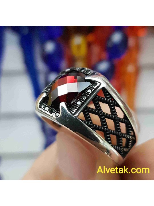 kırmızı zirkon taşlı 925 ayar gümüş erkek yüzük : 01374