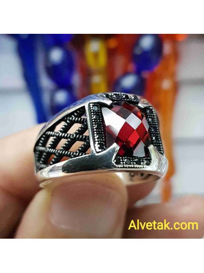 kırmızı zirkon taşlı 925 ayar gümüş erkek yüzük : 01374
