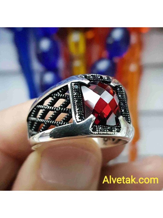 kırmızı zirkon taşlı 925 ayar gümüş erkek yüzük : 01374