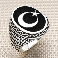 Ay Yıldız Elips 925 Ayar Gümüş Erkek Yüzük : 01395