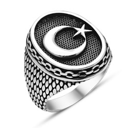 Ay Yıldız Elips 925 Ayar Gümüş Erkek Yüzük : 01395