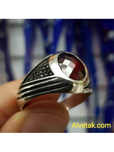 kırmızı zirkon taşlı 925 ayar gümüş erkek yüzük : 01406