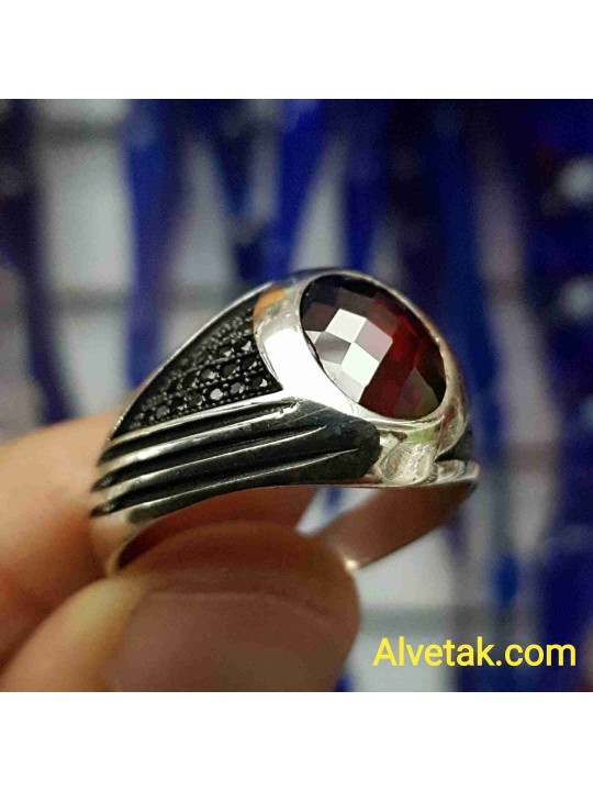 kırmızı zirkon taşlı 925 ayar gümüş erkek yüzük : 01406