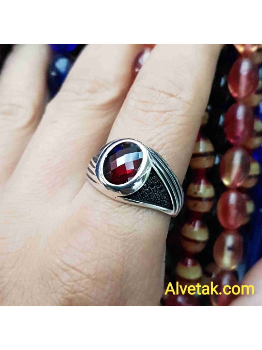 kırmızı zirkon taşlı 925 ayar gümüş erkek yüzük : 01406