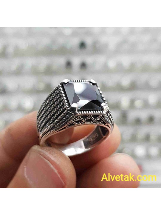 siyah zirkon taşlı 925 ayar gümüş erkek yüzük : 01491