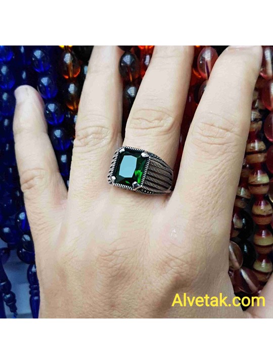 yeşil zirkon taşlı 925 ayar gümüş erkek yüzük : 01601