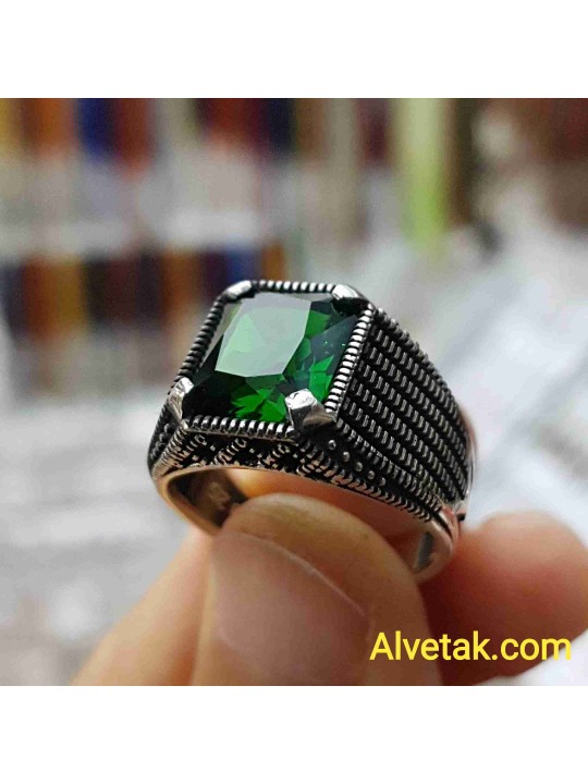 yeşil zirkon taşlı 925 ayar gümüş erkek yüzük : 01601