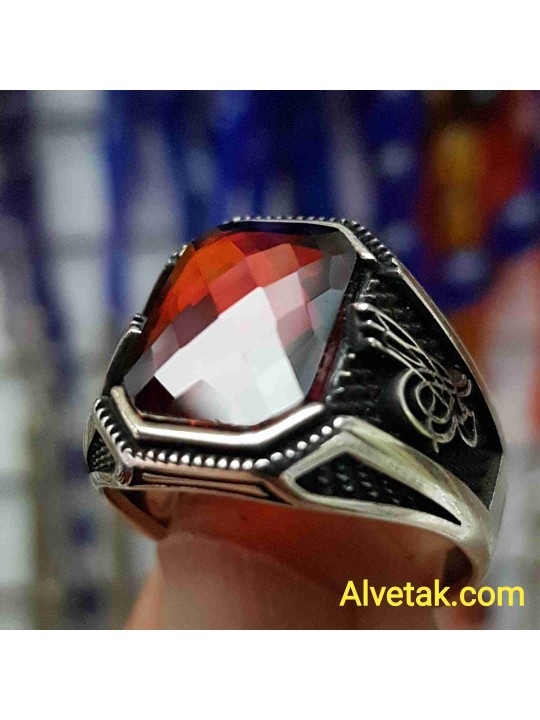 kırmızı zirkon taşlı 925 ayar gümüş erkek yüzük : 01661