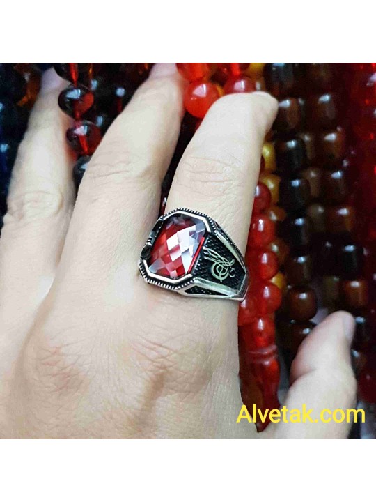 kırmızı zirkon taşlı 925 ayar gümüş erkek yüzük : 01661
