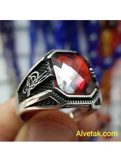 kırmızı zirkon taşlı 925 ayar gümüş erkek yüzük : 01661